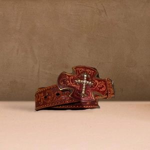 Cross belt buckle with matching brown belt